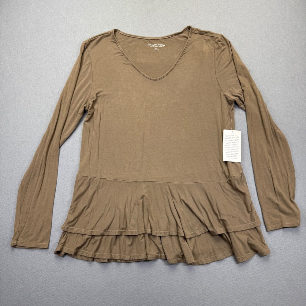 Soft Surroundings Womens Brown V-Neck Tiered Ruffle Peplum Top L‎ 2BY61 NEW